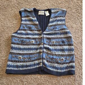 Vtg denim republic knit sweater vest button front floral cottage core blue L